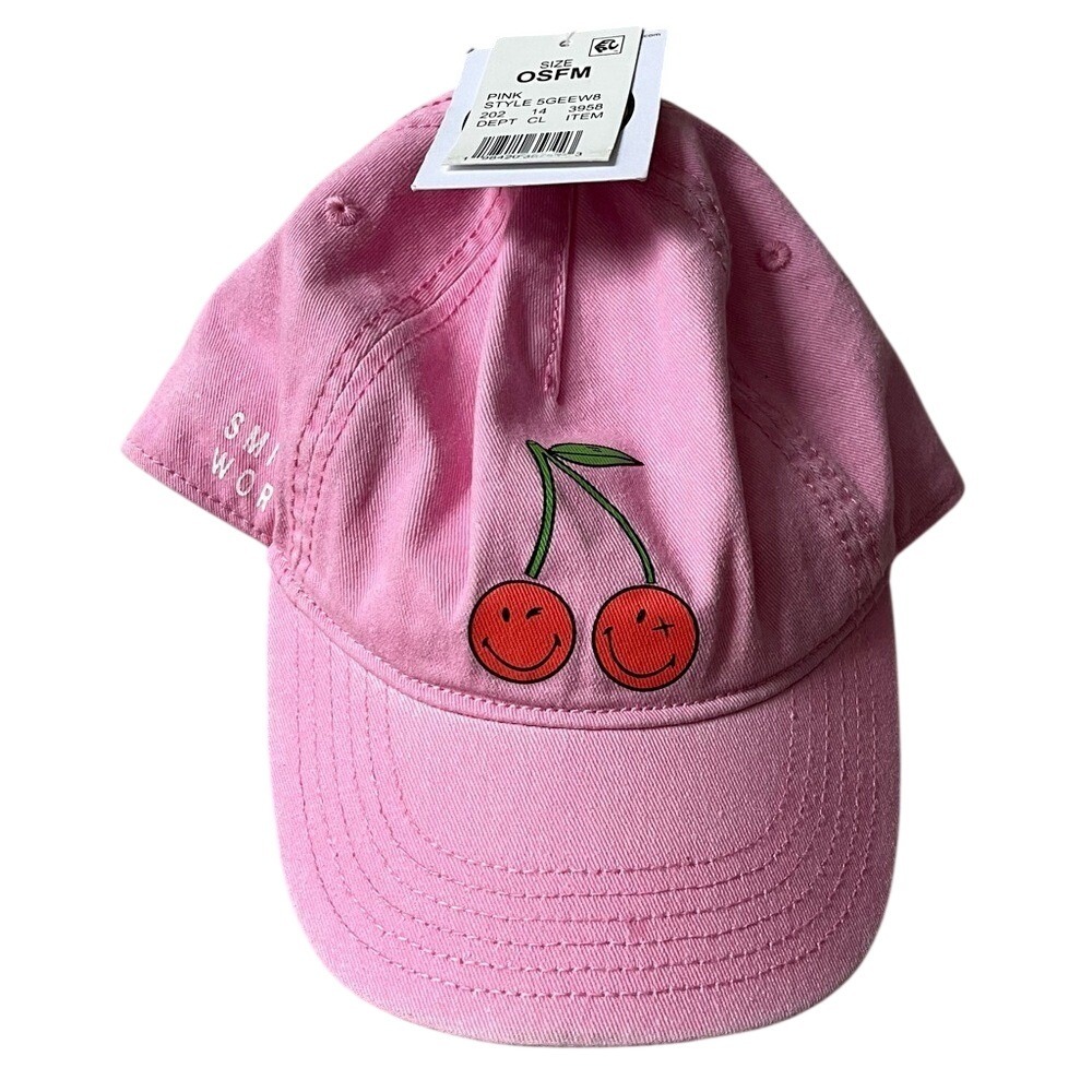 Smiley World Cherry Smile Baseball Cap Hat Kids One Size Pink Embroidered NWT - Picture 5 of 13